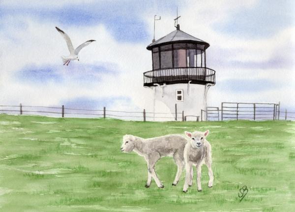 Poster DIN-A3 Watercolor Maritime Art Print North Sea Cuxhaven Lighthouse Dicke Berta Sheeps